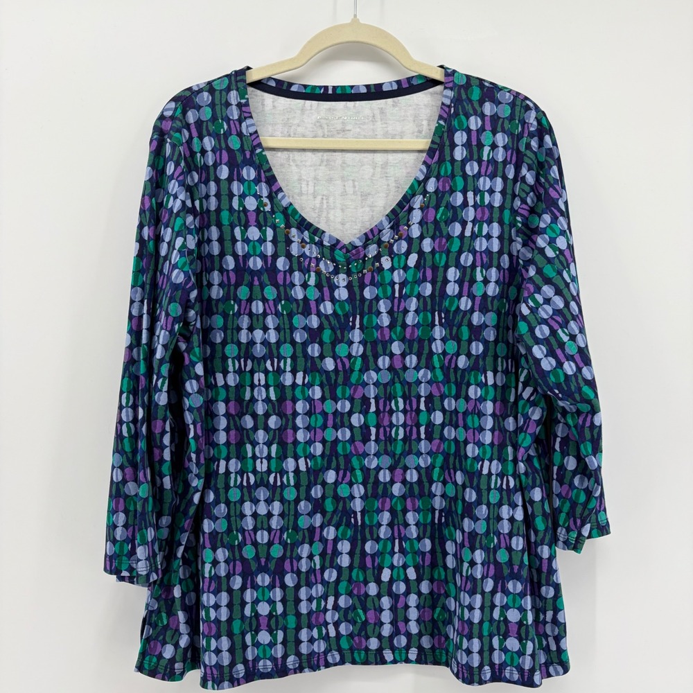 Allison Daley Womens 2X Long Sleeve V Neck Blue Green Purple Dot Print Top Shirt